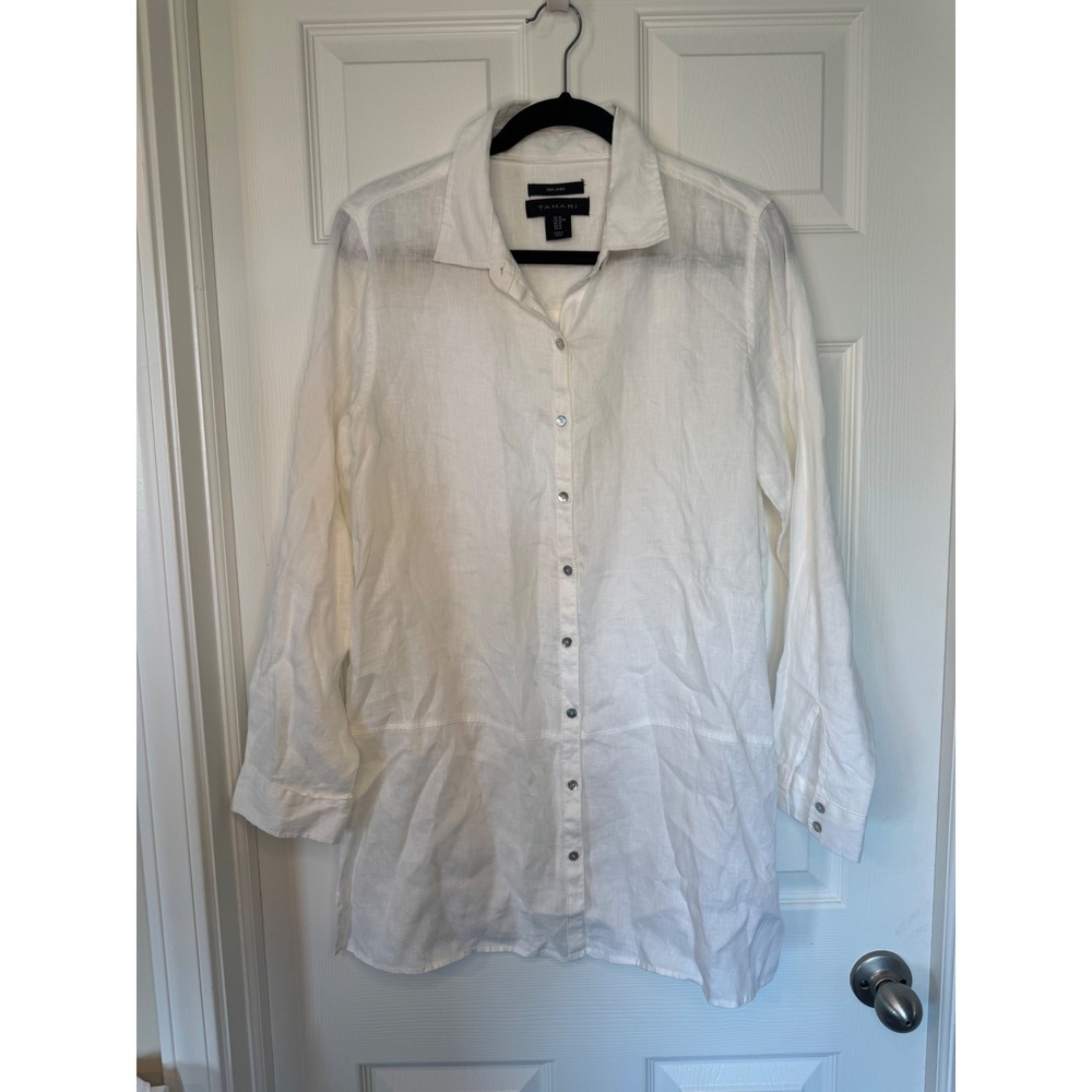 Tahari White 100% Linen Button Down Tunic Shirt Long Sleeve Womens Medium